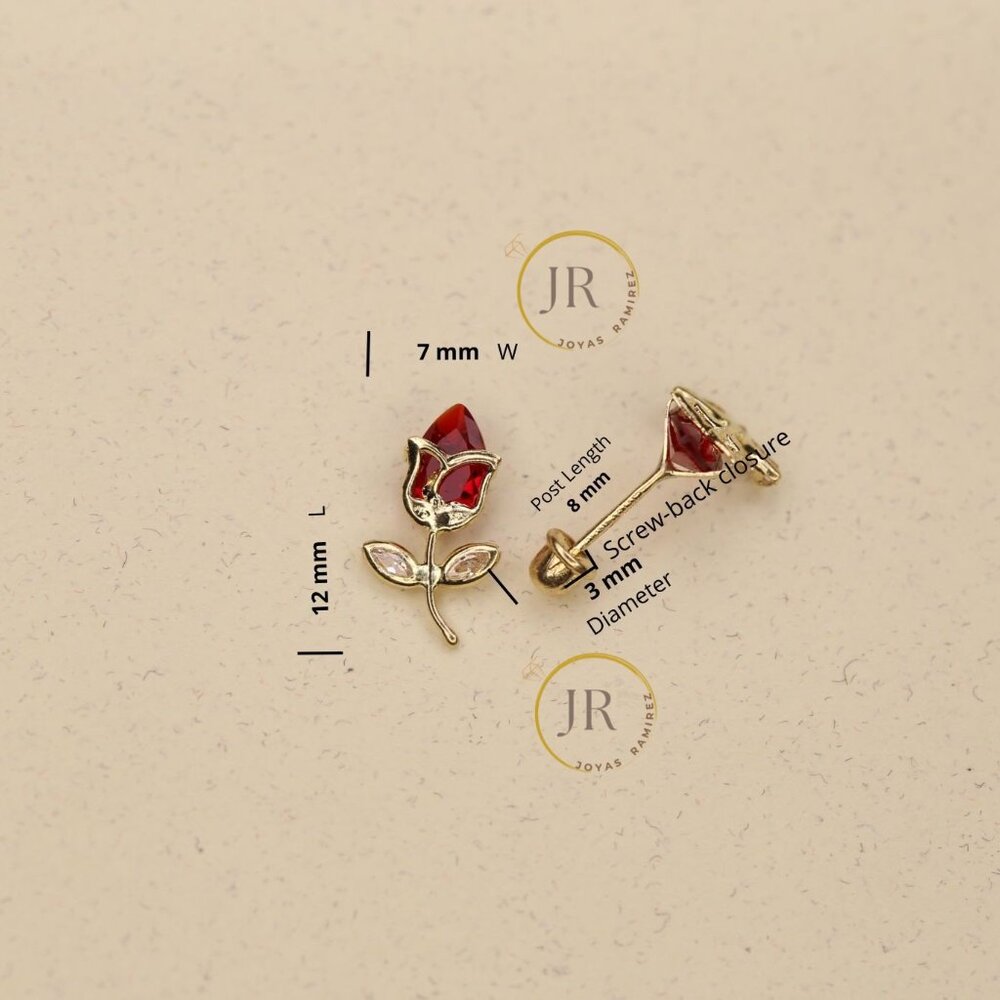 14K Solid Yellow Gold Red Tulip Stud Earrings • Floral Elegance & Passion. - Picture 10 of 11